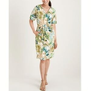 Chico's Tropical Print Dress - Green and Blue Pocket Tie Waist Size 2 (12-14)